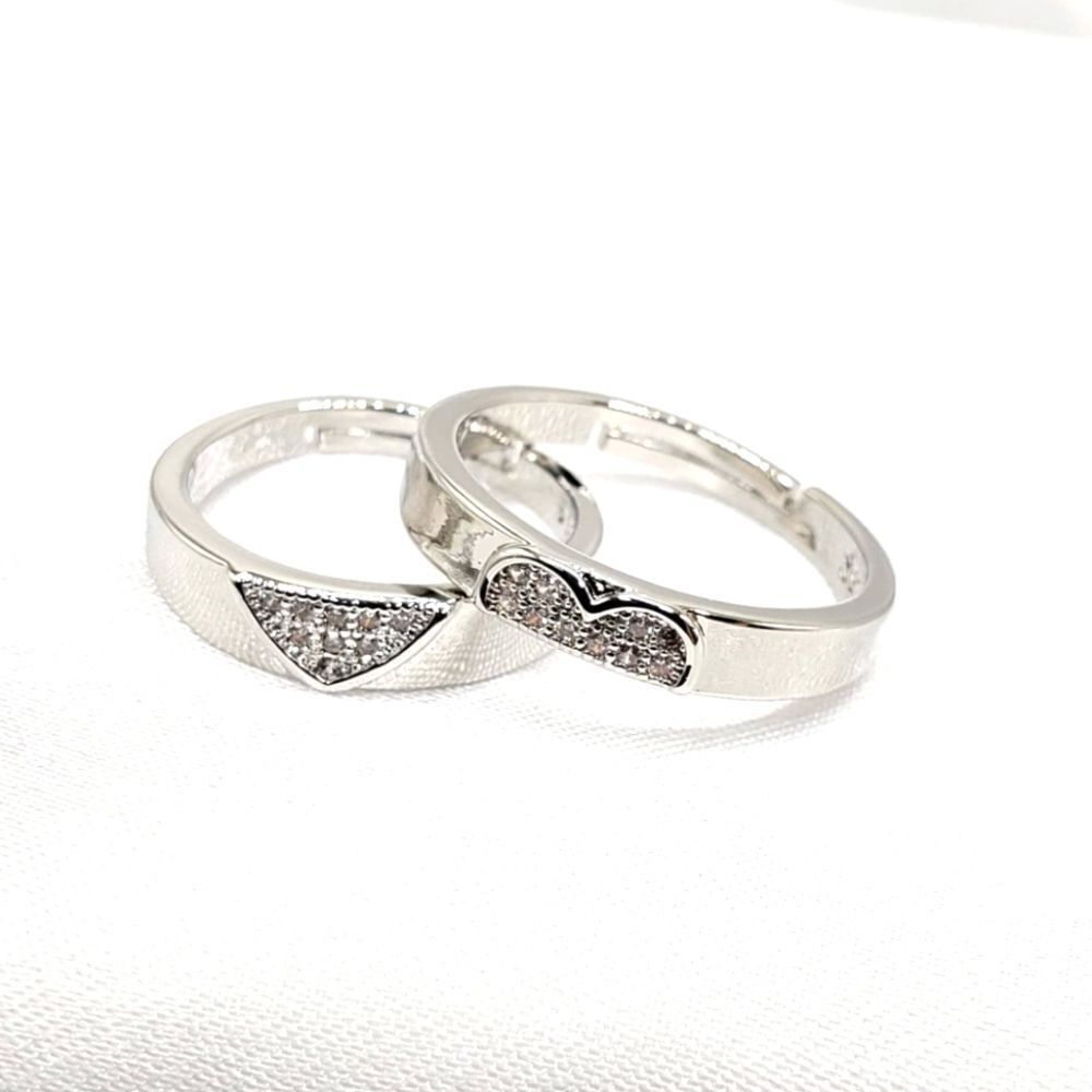 Brand New Silver With Rhinestone Hearts Couples Rings